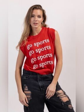 Red Sleeveless Knit Tank Top with Repeated 'go sports' Print